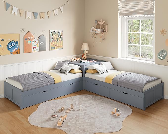 AMERLIFE L-Shaped Twin Trundle Bed with Flip-Top Storage Desk, Space-Saving Solid Wood Platform Bed Frame, Grey Finish, Multi-Functional Twin Bed for Kids and Families