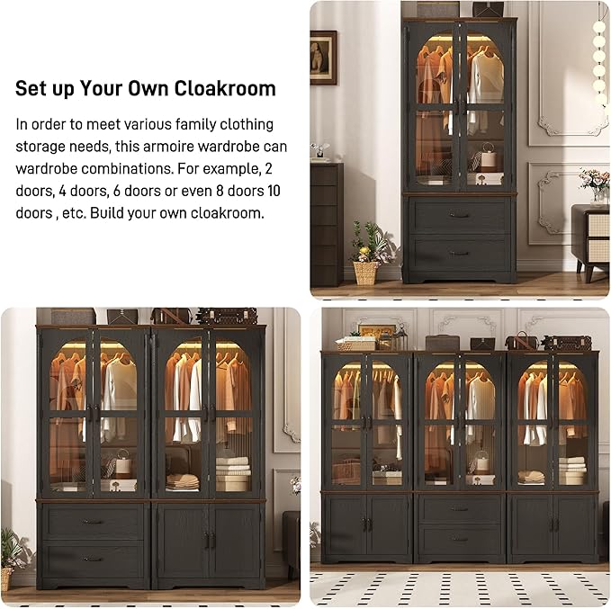 Tall Farmhouse 6 Doors Armoire Wardrobe Closet with LED ,72" Freestanding Arched Wardrobe Closet Cabinet for Bedroom w Glass Doors/Drawers,Wooden Clothing Storage Cabinet,Closets for Bedroom(Black)