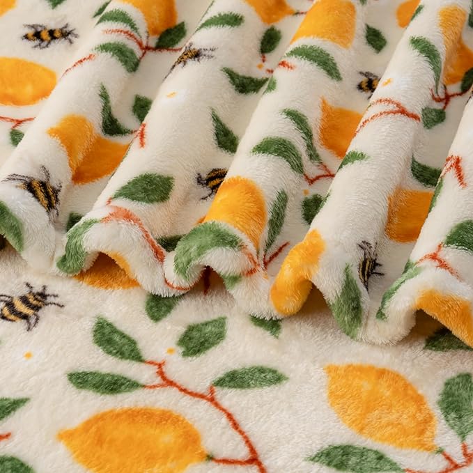 Berkshire Blanket-Classic Heavyweight Soft Printed VelvetLoft® Plush Blanket, Full/Queen Size Soft Fuzzy Warm Blanket for Couch Sofa Bed, Lemons and Bees Yellow, 90in x 90in