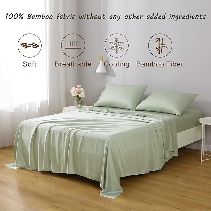 Linen World Cooling Bed Sheets Set Full Size,100% Organically Grown Viscose Sheets,Deep Pocket Up to 16",4 Pieces Silky Soft,Breathable Bedding Sheets & Pillowcases(Sage Green,Full)