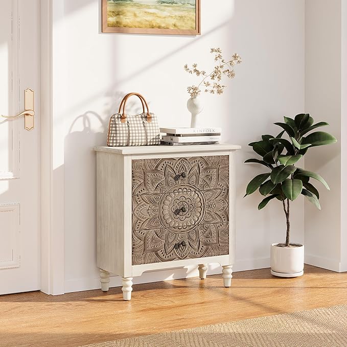 COSIEST 3 Drawers Nightstand, Accent Dresser, 29'' Tall Wood Vintage Small Accent Chest, Bedside Table,Bedroom Furniture for Home, Entryway (Lotus Pattern)