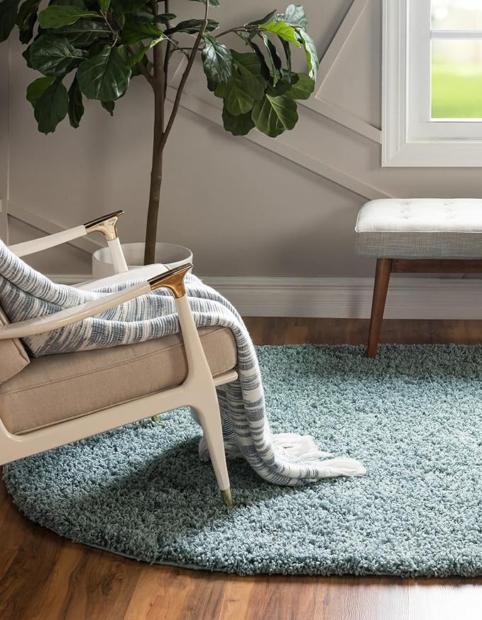 Unique Loom Solid Shag Collection Area Rug (5' 1" x 8' Oval, Light Slate Blue)