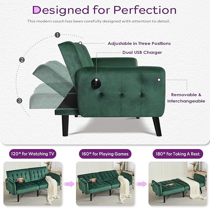 TYBOATLE 65" W Velvet Modern Convertible Folding Futon Couch Sofa Bed w/ 2 USB Charging Ports and arms, Loveseat for Living Room, Office, Apartment, Bedroom (Green)