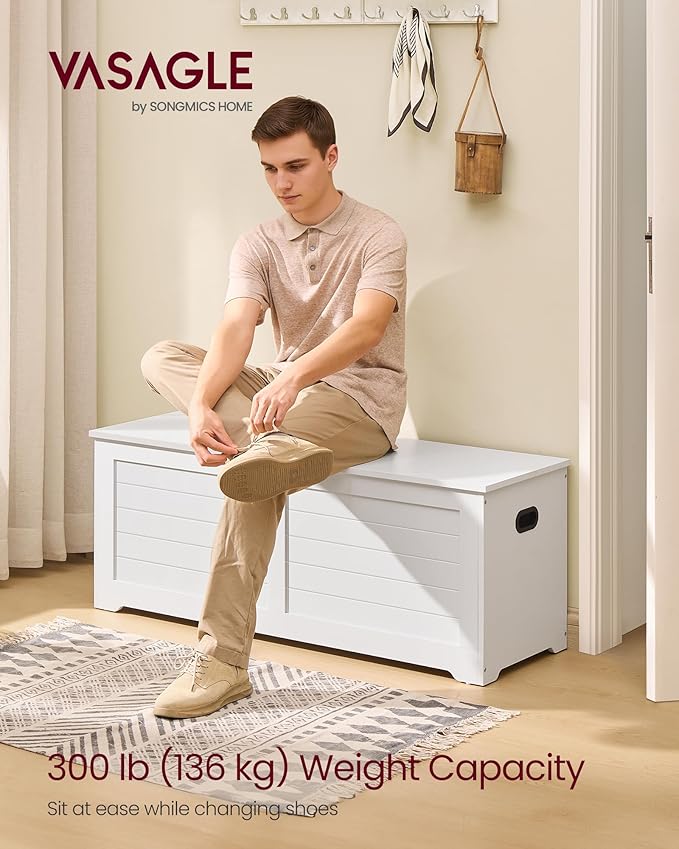 VASAGLE Storage Chest, Storage Bench with 2 Safety Hinges, Farmhouse Style, 15.7 x 47.2 x 18.1 Inches, for Entryway, Bedroom, Living Room, Cloud White ULSB065W01