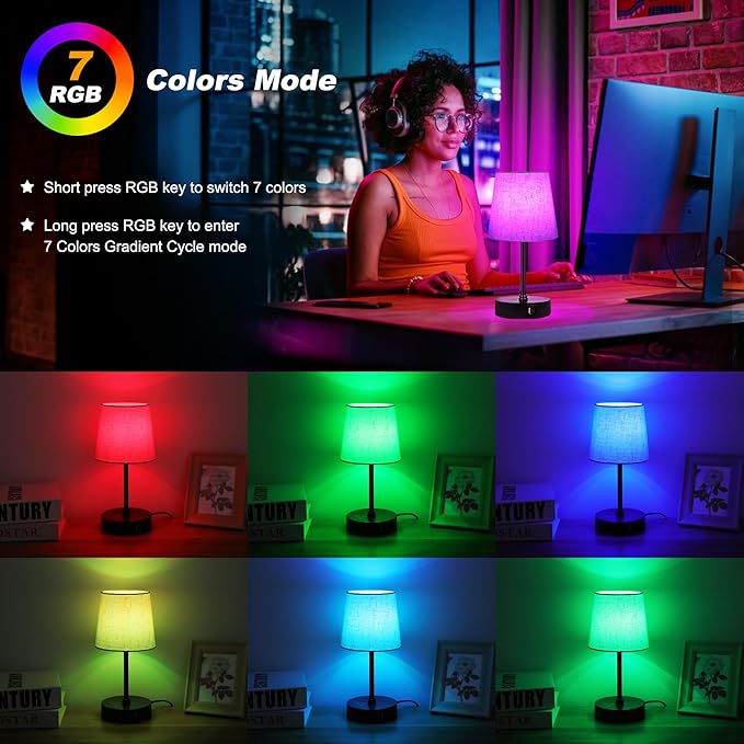Ascher Small Bedside Table lamp, RGB Color Changing Lamps, 3 Color Temperatures, Dimmable Nightstand Lamp with USB C+A Ports, Touch Desk Lamp for Bedroom Living Room, H11.4in(Flaxen Shade)