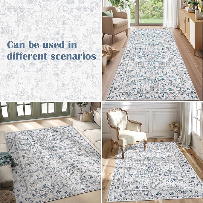 jinchan Lima Kitchen Runner Rug 3x7 - Vintage Floral Machine Washable Non-Slip Hallway Runner Rug with Rubber Backing Ultra-Thin Carpet for Bedroom Laundry Room Farmhouse (3x7ft, Blue)