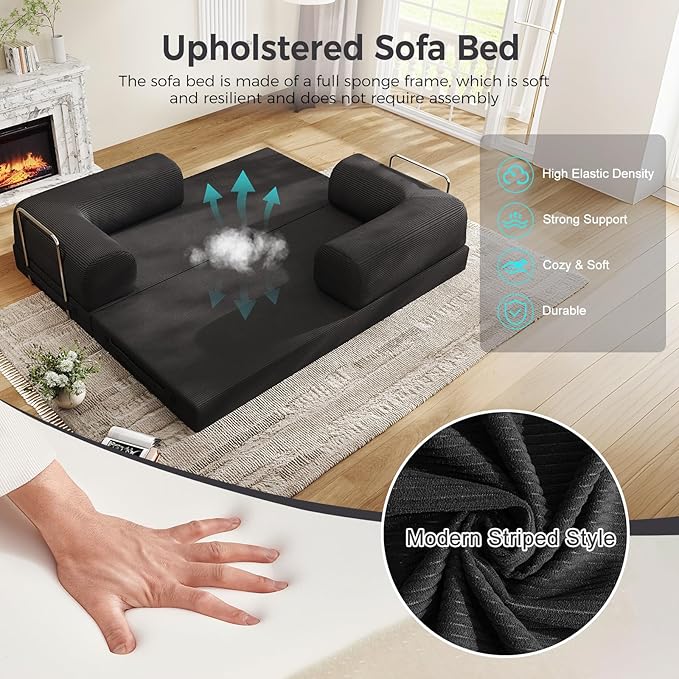 5-in-1 Folding Convertible Sofa Bed with L-Shaped Cylindrical Pillow, Corduroy Boneless Couch, Pull Out Bed, Floor Sofa Modular Futon Couch for Living Room Bedroom Lounge - No Assembly Needed in