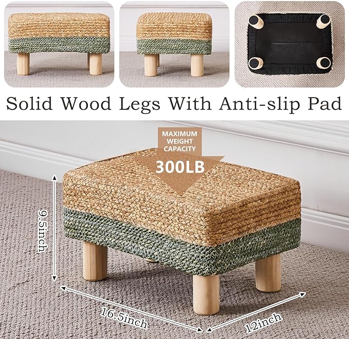 Wimarsbon Natural Seagrass Footstool Ottoman Rectangular Footrest Pouf Ottomans with Wooden Legs Hand Weave Step Stool for Living Room Bedroom Entryway Green