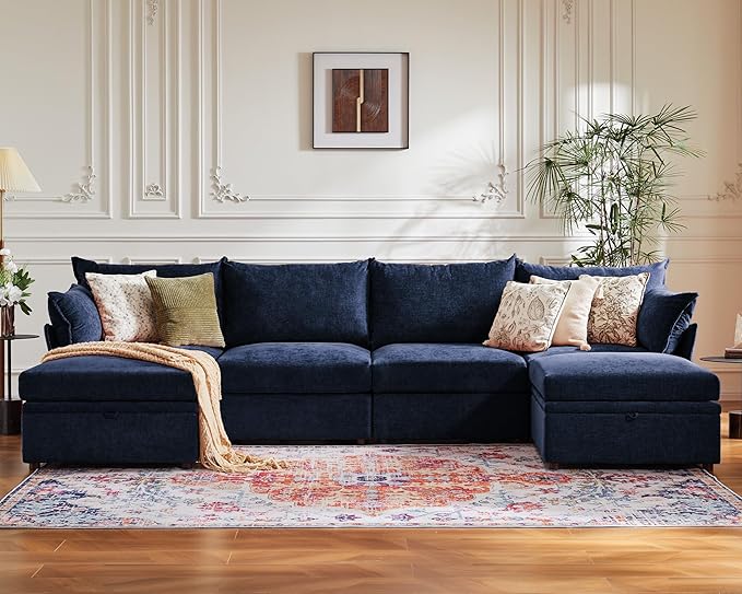 ABCASA 134.6" Oversized Modular Sectional Sofa, 6 Seater U Shaped Couch with Storage Ottoman with Reversible Chaise Deep Seat for Living Room, Apartment - Chenille Blue