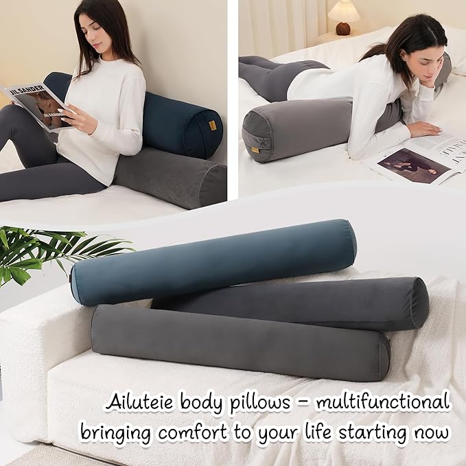 Long Pillow for Bed – Round Bolster Pillow for Adults, Body Pillow for Sleeping, Ergonomic Support,39.37 x 7.87 Inches,Steel Gray