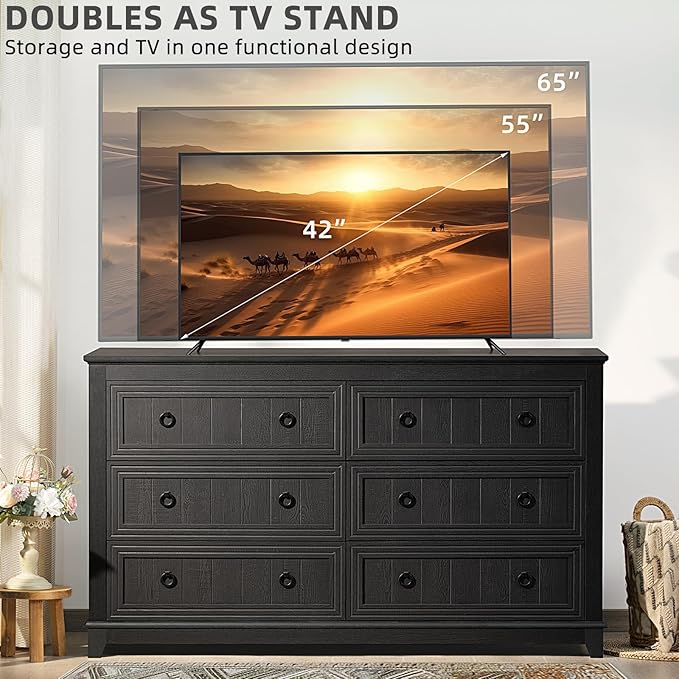 Bedroom Dresser and Nightstand Sets 4 Piece, Farmhouse 6 Drawers Dresser & 40.5" Tall Chest of Drawers, 18" Nightstands Set of 2, 54" Wide Furniture Dressers for Bedroom, Living Room, Black