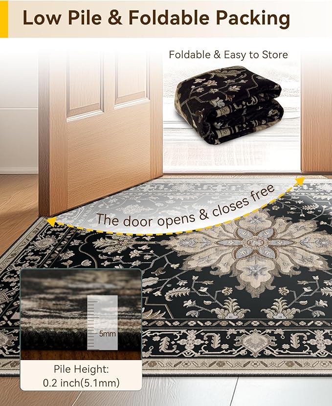 Area Rugs 3'x5' Washable Non-Slip, Floral Vintage Distress Print Pattern Medallion Carpet for Living Room Bedroom Dining Room, Black Brown Neutral Dark Tan