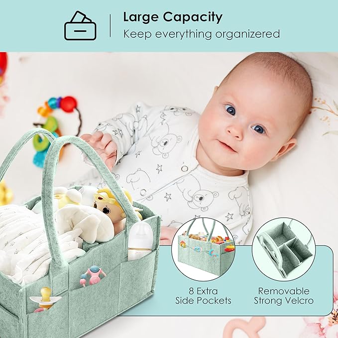 HIPHOP PANDA 2-Pack Diaper Caddy Organizer - Nursery Storage Bin & Car Organizer for Diapers, Wipes, and Baby Essentials - Dual-Color Solid Set (Green/Oatmeal), Regular Size