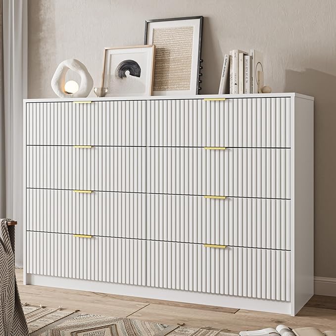White Dresser for Bedroom, 8 Drawer Double Dresser, Modern Chest of Drawers for Bedroom, Living Room, Entryway and Closet, 55" L x 15.7" D x 37.4" H