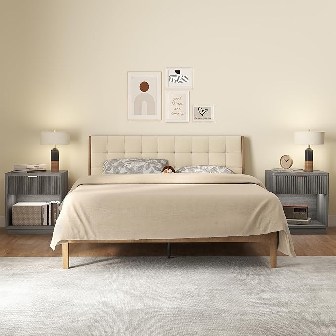 Miereirl Fluted Nightstand Charging Station, Wooden Vintage Night Stands Curved Corners Storage Cabinet for End Table with Drawers, Light Grey Oak