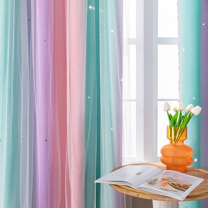 XiDi Curtains for Bedroom Decor, Rainbow PinkPuGreen-62-84