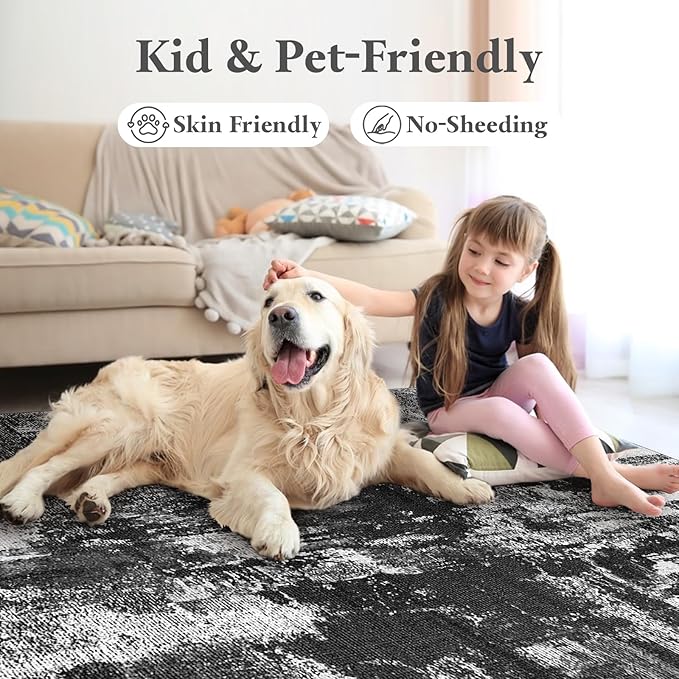 Area Rugs 8x10, Modern Abstract Machine Washable Rugs for Living Room Thin Carpet Indoor Floor Non-Shedding Carpets for Bedroom Dining Room Farmhouse Home Office | Black White