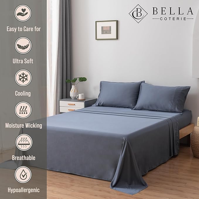 Bella Coterie Luxury Bamboo Viscose 34” Split Top King Size Sheet Set | 1 Fitted Sheet for Sleep Number & Adjustable Beds | 100% Organically Grown | Cooling & Soft | 18” Deep Pocket [Slate Blue]