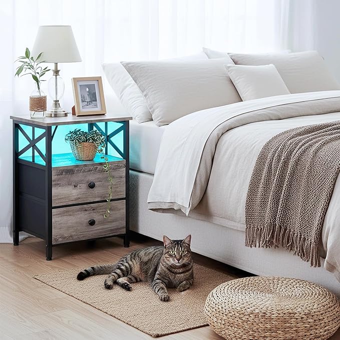 AMHANCIBLE Night Stand Set 2, LED Nightstand with Charging Station, End Tables Living Room with Fabric Drawers, Bed Side Table for Bedroom, Greige, HET052LGY