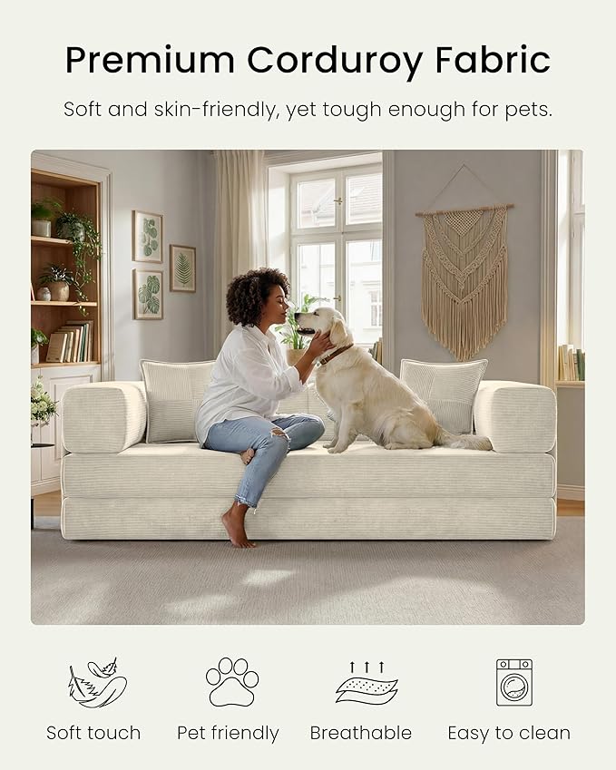 78.8" Convertible Sofa Bed,Corduroy Futon Couch with Storage Pocket,Folding Pull Out Futon Sofa,No Assembly Boneless Couch for Living Room, White | futon sofa bed, sofa, couch, loveseat, convertible sofa, boneless couch