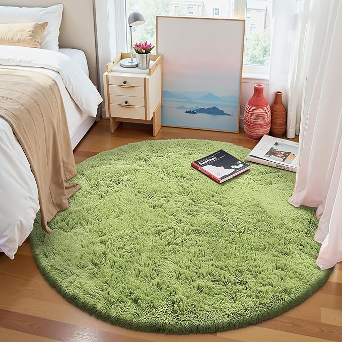 OLANLY Grass Green Round Rugs for Bedroom - Machine Washable, 9 ft Circle Area Rugs for Living Room, Soft and Fluffy Shaggy Carpet for Teen Girls and Boys, Nursery Rooms, Dorms, Home Decor Aesthetic