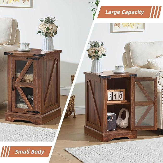 Farmhouse End Table Set 2, Narrow 18'' Night Stand with Glass Barn Door, 24" Square Side Table with Charger Station, Living Room Furniture Sets, Wood Nightstand Bedside Tables for Bedroom