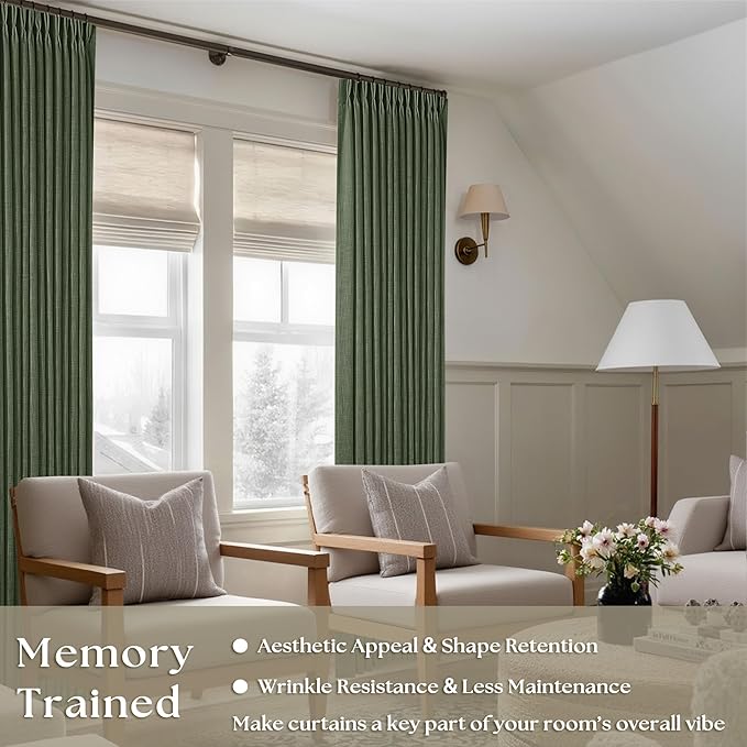 Pleated Linen Curtains 90 Inches Long for Living Room Pinch Pleat Hooks for Track System Back Tab Custom Made Memory Shape Drape Light Filtering Olive Green Living Room Bedroom Window Curtain 90 Inch