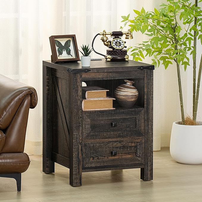 Joaxswe Nightstand with Charging Station and USB Port, Farmhouse Side End Table with 2 Drawers and Shelf Storage, Wooden Sofa Table, Bedside Cabinet for Bedroom, Living Room, Closet, Office (Dark Oak)