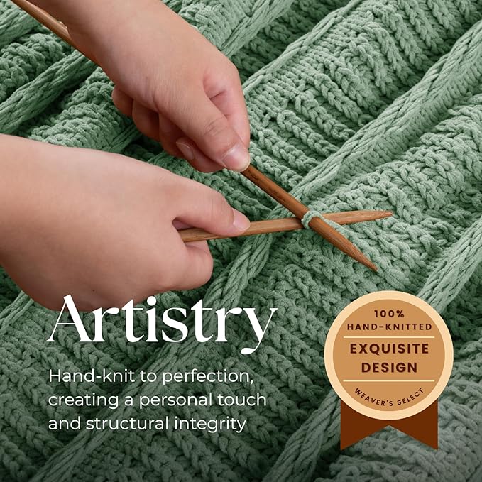 Boho Knitted Chenille Blanket with Tassels - Lightweight & Soft All-Season Throw - 3D Classic Pattern for Living Room Bedroom Couch, Sage Green, Throw 50"x60"