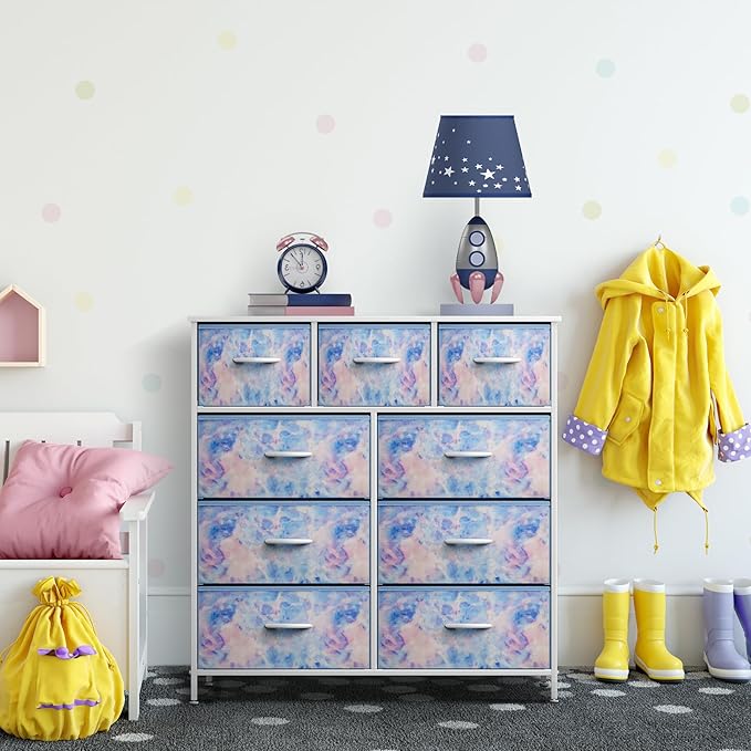 Sorbus Kids Dresser with 9 Drawers - Furniture Storage Chest Tower Unit for Bedroom, Hallway, Closet, Office Organization - Steel Frame, Wood Top, Tie-dye Fabric Bins (Pastel, Tie-dye)
