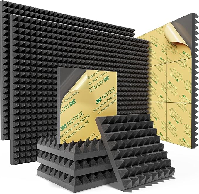 Sonicism Soundproof Wall Panels Self-Adhesive Pyramid 20 Pack,3" X 12" X 12" Acoustic Panels High Density Sound Proof Foam Panels for walls Fast Expand,Sound Absorption & Decoration(Black)