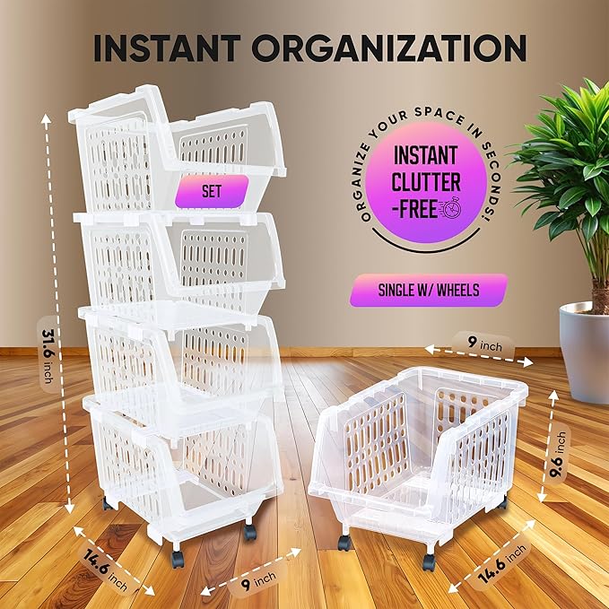 TidyFriend Stackable Storage Bins with Wheels for Closet Organizers and Storage 4 Pack, Closet Organization for Kids Room and Home Organization (Clear)