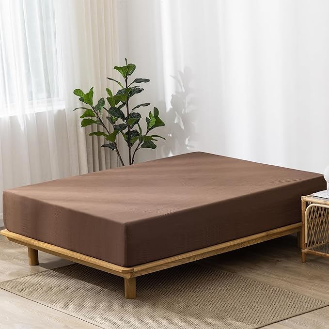 MooMee Fitted Bottom Sheet Only 100% Washed Cotton Linen Like Textured Breathable Durable Soft Comfy Deep Pocket Fits Mattress up to 17" (Cocoa Brown, King)