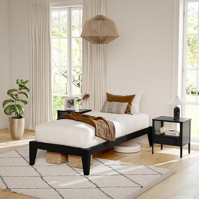 Thor Premium Solid Wood Bed Frame Twin XL, Platform Bed, Japanese Joinery Bed Frame, Wood Slat Support, No Box Spring Needed, Easy Assembly, Minimalist & Modern Style (Midnight Charcoal)