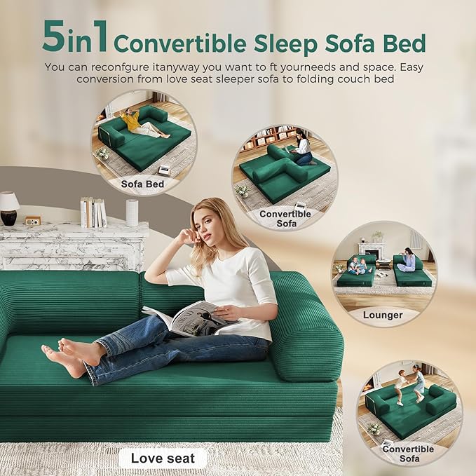4-in-1 Folding Convertible Sofa Bed, 78 Inch Boneless Couch with Fixed-Shape Frame, Corduroy Loveseat Sleeper with Pull Out Bed, Floor Sofa Modular Futon Couch for Living Room Bedroom Lounge