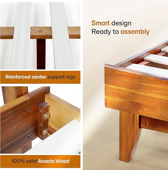 Acacia Aurora 800 lbs Capacity Queen Bed Frame and Headboard Solid Wood Platform Bed, Contemporary Signature Wood Bed Frame Compatible with All Mattress Types 30 Mins Assembly, Caramel