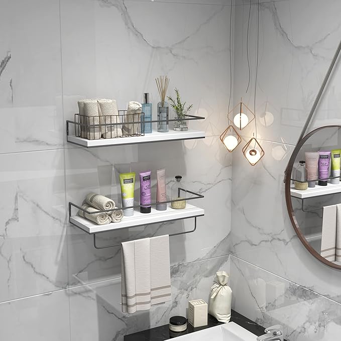 Shario White Floating Shelves - Set of 2, Wall Mounted Hanging Shelves with Grey Towel Rack, Decorative Storage Shelves for Bathroom, Kitchen, Living Room & Bedroom (White Grey, 15.7 Inches)