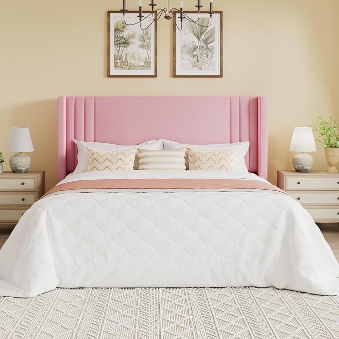 SHA CERLIN Full Size Velvet Upholstered Platform Bed Frame with Vertical Channel Tufted Wingback Headboard, Wooden Slats Support, Easy Assembly, Under Bed Storage, No Box Spring Required, Pink