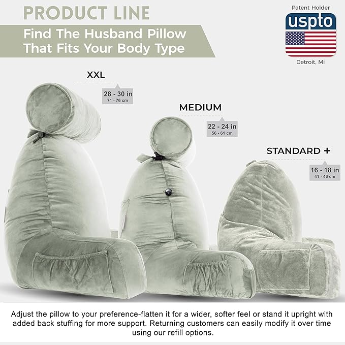 Husband Pillow XXL Reading Pillow for Bed Backrest with Arms - Desert Sage Adult - Unmatched Support Pillow for Sitting Up in Bed - Shredded Memory Foam Comfy Microplush Cover & Detachable Neck Roll
