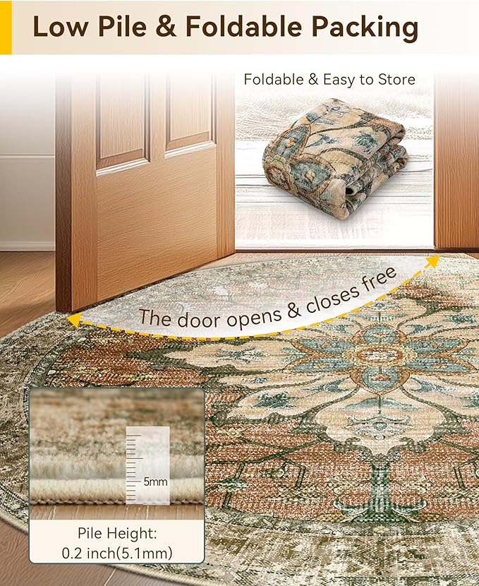 Area Rugs 8ft Washable Non-Slip, Floral Vintage Distress Print Pattern Medallion Carpet for Living Room Bedroom Dining Room, Brick Red Rust Neutral Brown Burnt Orange