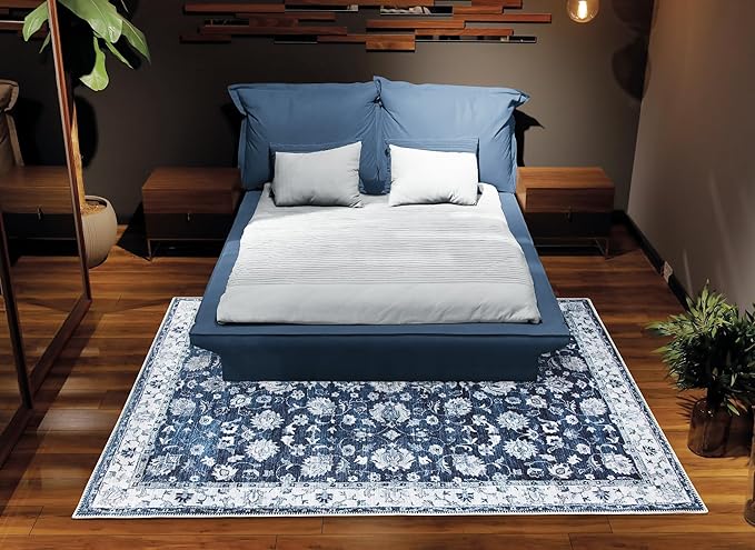 Bloom Rugs Washable Non-Slip 5' x 7' Rug - Dark Blue Traditional Bordered Area Rug for Living Room, Bedroom, Dining Room, and Kitchen - Exact Size: 5' x 7'