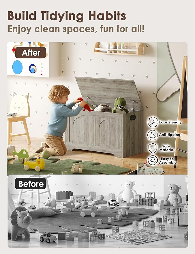 DINZI LVJ Storage Chest, 31.5”Wooden Toy Box with 2 Safety Hinges, Entryway Storage Bench with Flip-Top, Sturdy Storage Trunk for Living Room, Bedroom, Easy Assembly, Gray Wash
