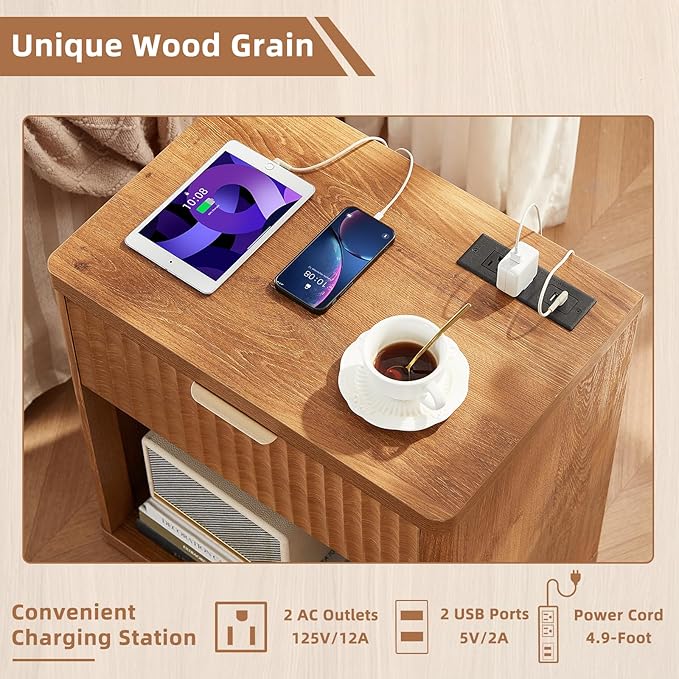 LEYAOYAO Fluted Nightstand with Charging Station, 23" Wide 1 Drawers End Table,Brown Night Stand with Open Storage Cabinet, Farmhouse Bed Side Tables, Wood Dresser for Bedroom, Living Room, Closet