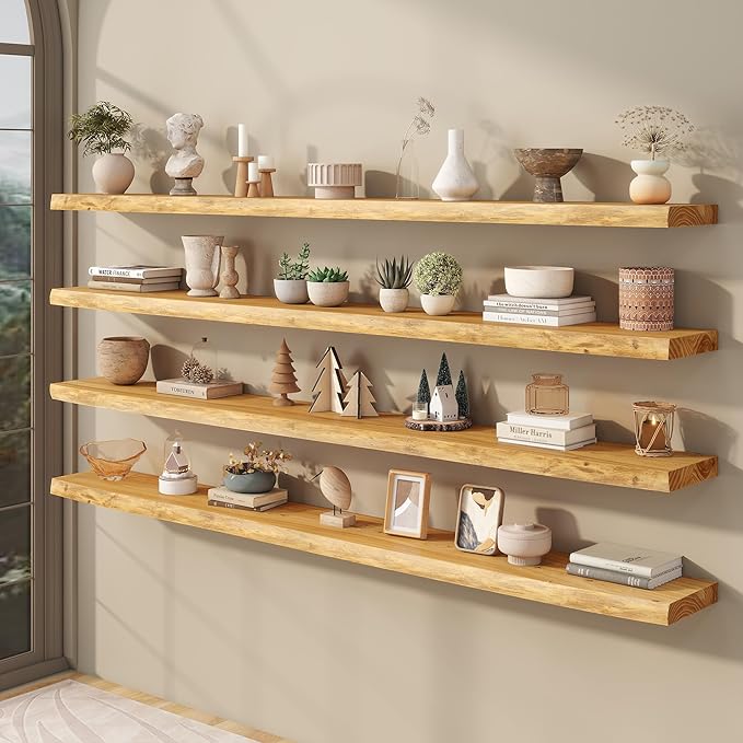 fuqing Live Edge Floating Shelves for Wall 72 inch, 8 Inch Deep Solid Elm Wood Floating Wall Shelves - Rustic Wooden Shelves with Invisible Brackets for Living Room Bedroom Kitchen, 1 Pack, Natural
