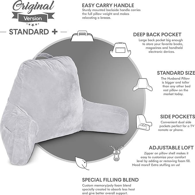 Husband Pillow Light Grey, Original Reading Pillow in Bed Rest Chair, Shredded Memory Foam Large Lounge Cushion Adult Backrest with Arms, Comfy Back Support for Sit Sitting Up, Wash/Removable Cover
