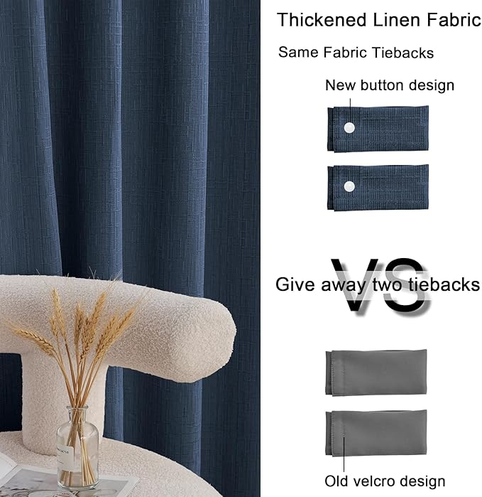 Jacquard Linen Curtains 63 inch Length 2 Panels Thick Faux Linen Blended Window Drapes Burlap Textured Curtains with Grommet for Living Room Bedroom Farmhouse (42x63 Navy) Natural