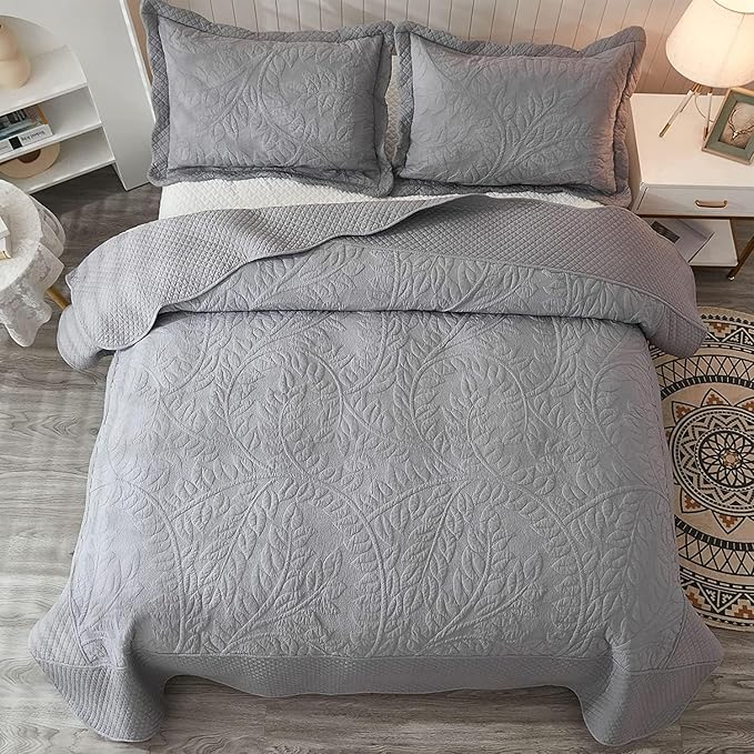 MarCielo 3-Piece 100% Cotton Oversized Bedspread Lightweight Quilt Coverlet Embroidery Farmhouse Bedding Set T0 (Light Grey, Oversized King (118"x106"))