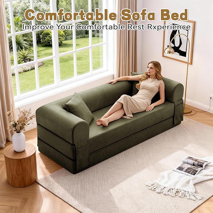 Convertible Folding Sofa Bed,78.5 Inch Faux Leather Futon Couch with Pillows & Storage Pocket,5-in-1 Queen Sleeper Sofa in a Box with Pull Out Bed,Boneless Couch for Living Room Bedroom,Green