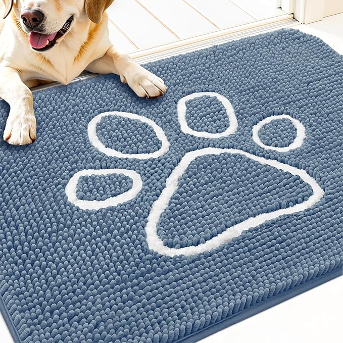 OLANLY Dog Door Mat for Muddy Paws 30x20, Paw Print Design, Absorbs Moisture and Dirt, Non-Slip Washable Doormat, Quick Dry Chenille Mud Mat, Entry Indoor Entryway Carpet, Airy Blue and White