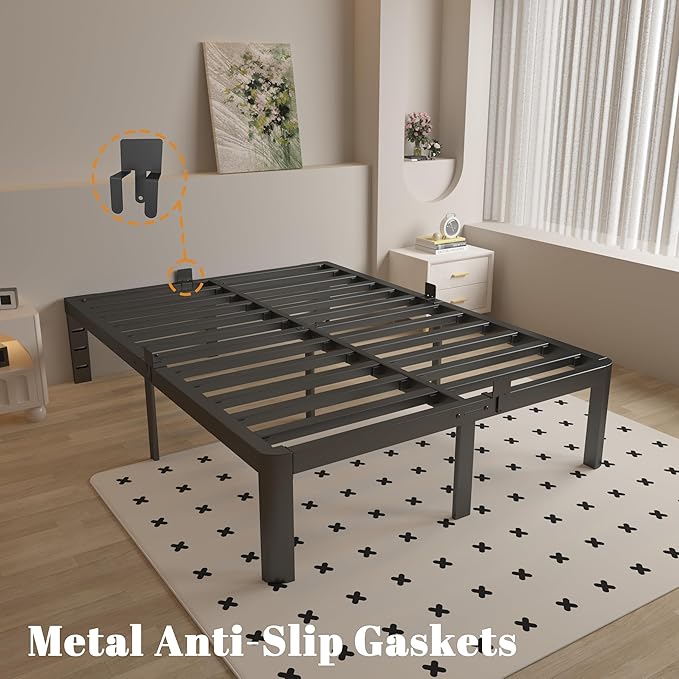 King Size Bed Frame 16 Inch Black, Metal King Bed Frame with Baffles, No Box Spring Needed, Heavy Duty Steel Platform Support, Round Corner Design, Reserved Holes, Noiseless, Easy Assembly